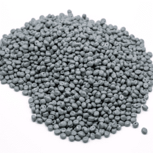 A pile of small, round, grey recycled PP pellets on a white background.