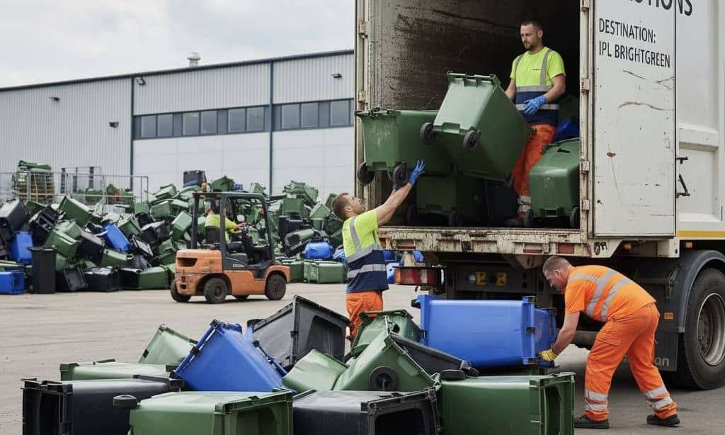 Workers unload HDPE and PP bins from a lorry at an industrial facility.