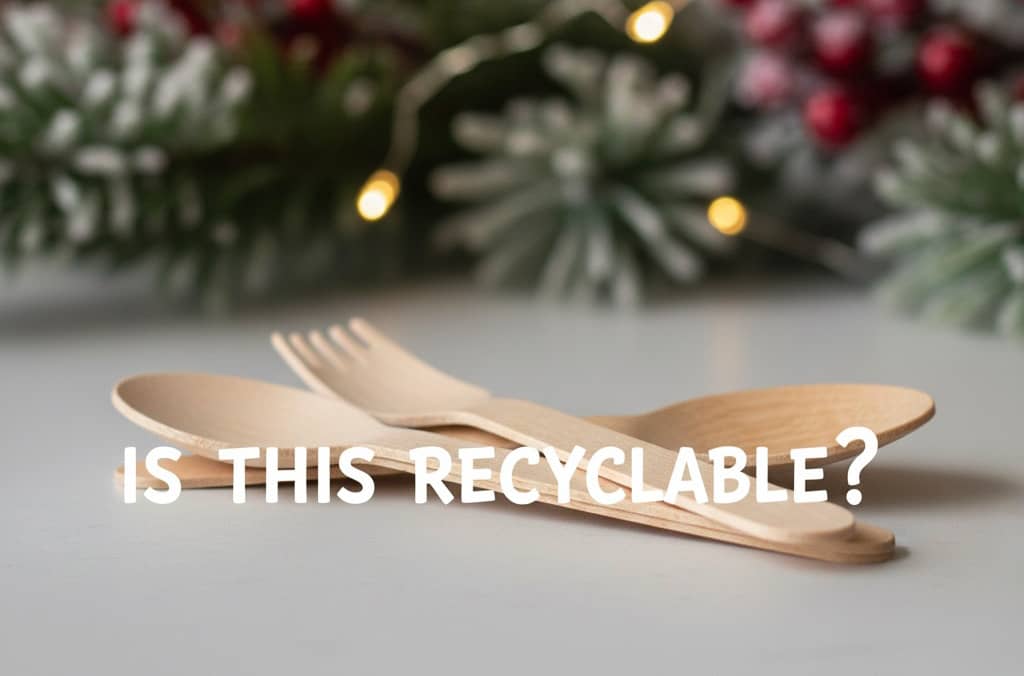 Wooden fork, knife, and spoon highlight utensil confusion—are they simple plastic or recyclable?.